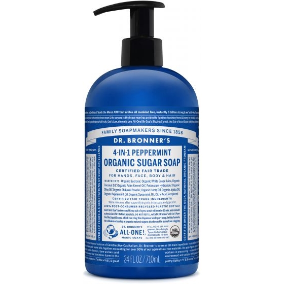 Dr. Bronner's Peppermint Shikakai Organic Sugar Soap.Fairtrade en biologische suiker plus biologische witte druivensap houden de handen, gezicht, lichaam en haar schoon en gevoed. De suiker geeft de pompzeep een rijke caramel kleur en een zoete geur. Biologische Kokos-, Olijf- en Hennepolie mengsel zorgen voor een romig schuim.
