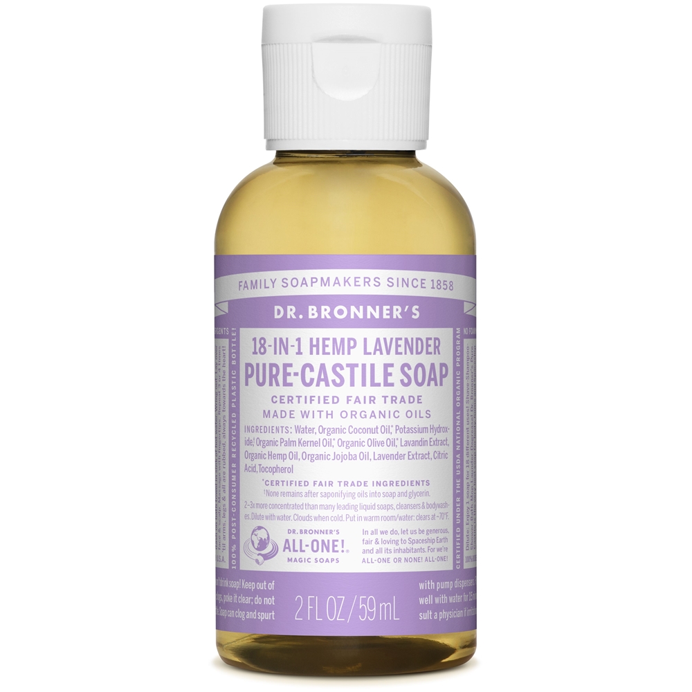 Dr. Bronner's 18-in-1 Lavender Pure-Castile Soap.Deze vloeibare zeep is geparfumeerd met pure lavendel en lavandin oliën om de geest en lichaam te kalmeren!Dr. Bronner's 18-in-1 Pure-Castile Soaps zijn goed voor zowat elke reinigingstaak. Gezicht, lichaam, haar, voedsel, afwas, wasmiddel, dweilen, huisdieren: maak uw huis en lichaam schoon zonder synthetische conserveringsstoffen, schoonmaakmiddelen of schuimmiddelen. Inhoudstoffen: water, biologische Kokosolie, Kaliumhydroxide, biologische Palmpitolie, biologische Olijfolie, biologische Eucalyptusolie, biologische Hennepolie, biologische Jojoba-olie, Citroenzuur en Tocopherol.