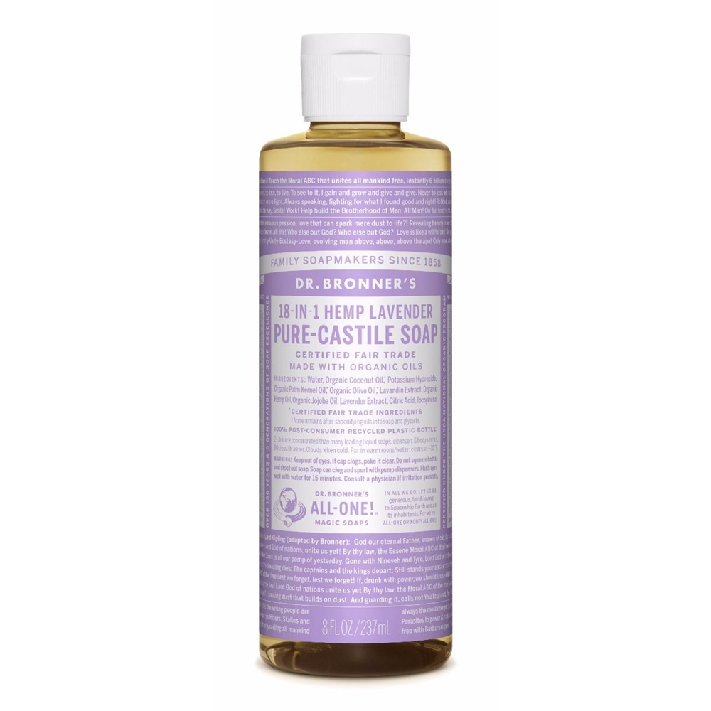 Dr. Bronner's 18-in-1 Lavender Pure-Castile Soap.Deze vloeibare zeep is geparfumeerd met pure lavendel en lavandin oliën om de geest en lichaam te kalmeren!Dr. Bronner's 18-in-1 Pure-Castile Soaps zijn goed voor zowat elke reinigingstaak. Gezicht, lichaam, haar, voedsel, afwas, wasmiddel, dweilen, huisdieren: maak uw huis en lichaam schoon zonder synthetische conserveringsstoffen, schoonmaakmiddelen of schuimmiddelen. Inhoudstoffen: water, biologische Kokosolie, Kaliumhydroxide, biologische Palmpitolie, biologische Olijfolie, biologische Eucalyptusolie, biologische Hennepolie, biologische Jojoba-olie, Citroenzuur en Tocopherol.