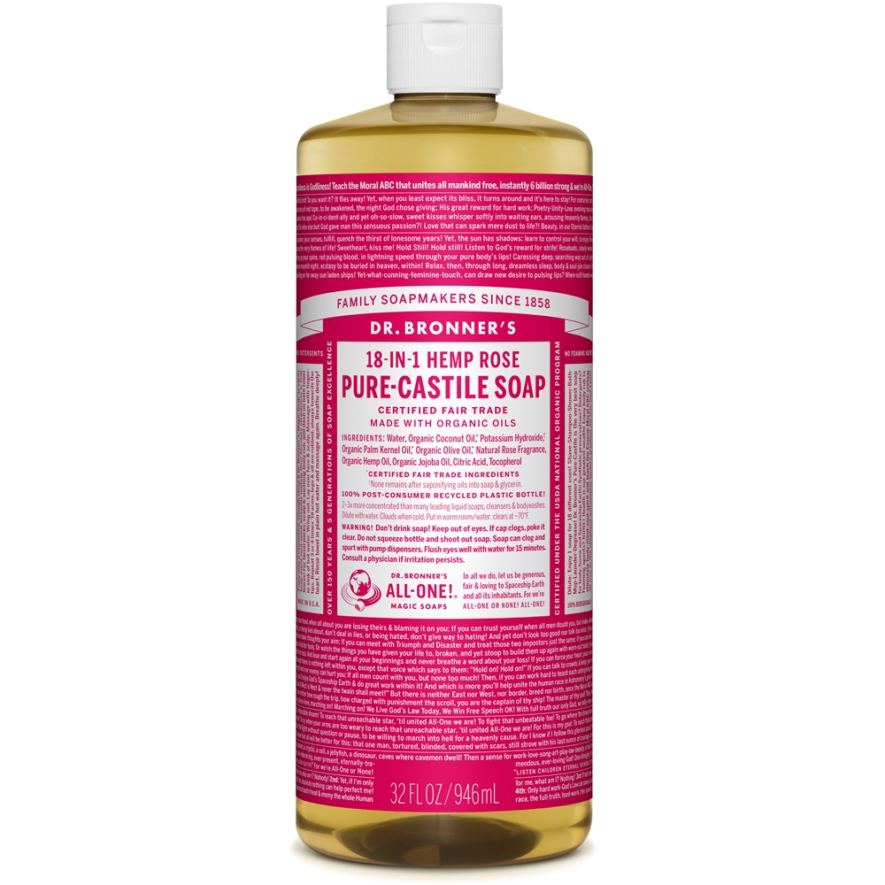 Dr. Bronner's 18-in-1 Rose Pure-Castile Soap.Deze vloeibare zeep is bloemig en fris, met een vleugje zoetigheid.Dr. Bronner's 18-in-1 Pure-Castile Soaps zijn goed voor zowat elke reinigingstaak. Gezicht, lichaam, haar, voedsel, afwas, wasmiddel, dweilen, huisdieren: maak uw huis en lichaam schoon zonder synthetische conserveringsstoffen, schoonmaakmiddelen of schuimmiddelen. Inhoudstoffen: water, biologische Kokosolie, Kaliumhydroxide, biologische Palmpitolie, biologische Olijfolie, biologische Eucalyptusolie, biologische Hennepolie, biologische Jojoba-olie, Citroenzuur en Tocopherol.