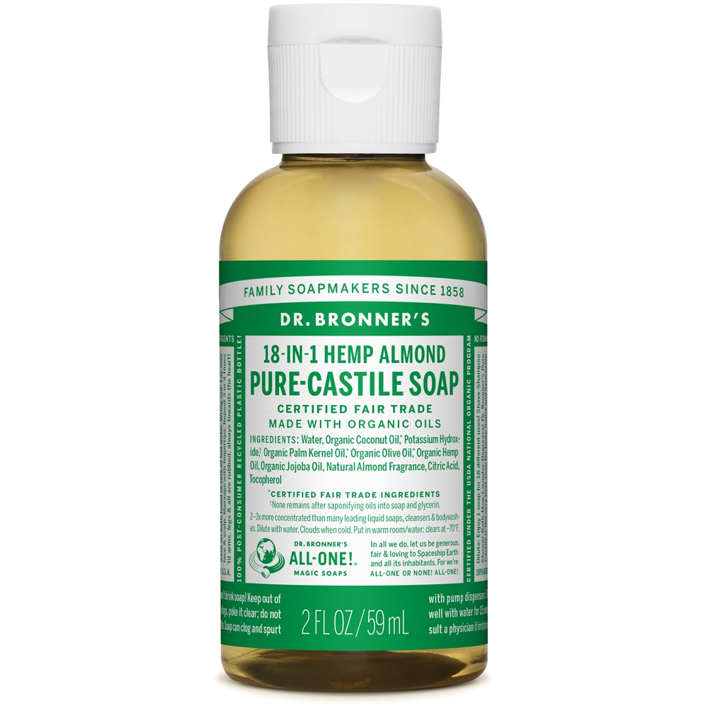 Dr. Bronner's 18-in-1 Almond Pure-Castile Soap.Deze vloeibare zeep heeft een warme geur en geeft comfort, is licht zoet zoals marsepein of amaretto!Dr. Bronner's 18-in-1 Pure-Castile Soaps zijn goed voor zowat elke reinigingstaak. Gezicht, lichaam, haar, voedsel, afwas, wasmiddel, dweilen, huisdieren: maak uw huis en lichaam schoon zonder synthetische conserveringsstoffen, schoonmaakmiddelen of schuimmiddelen. Inhoudstoffen: water, biologische Kokosolie, Kaliumhydroxide, biologische Palmpitolie, biologische Olijfolie, biologische Eucalyptusolie, biologische Hennepolie, biologische Jojoba-olie, Citroenzuur en Tocopherol.