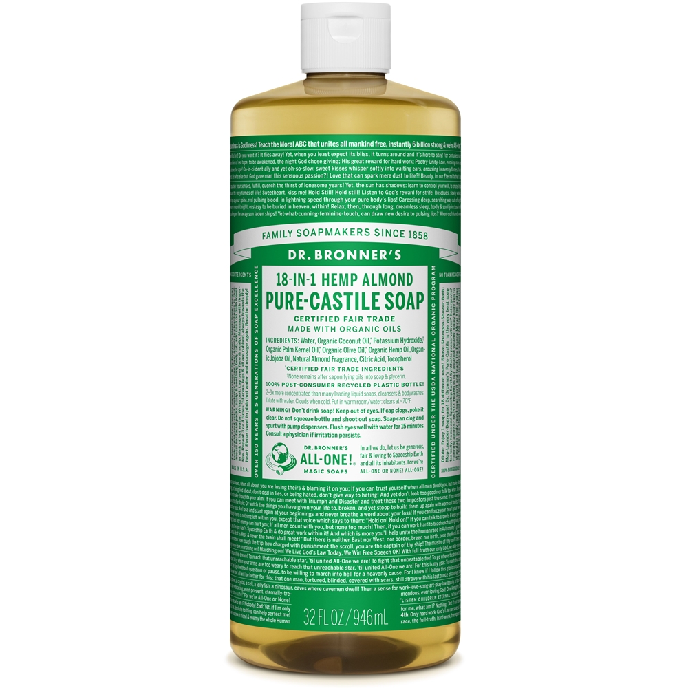 Dr. Bronner's 18-in-1 Almond Pure-Castile Soap.Deze vloeibare zeep heeft een warme geur en geeft comfort, is licht zoet zoals marsepein of amaretto!Dr. Bronner's 18-in-1 Pure-Castile Soaps zijn goed voor zowat elke reinigingstaak. Gezicht, lichaam, haar, voedsel, afwas, wasmiddel, dweilen, huisdieren: maak uw huis en lichaam schoon zonder synthetische conserveringsstoffen, schoonmaakmiddelen of schuimmiddelen. Inhoudstoffen: water, biologische Kokosolie, Kaliumhydroxide, biologische Palmpitolie, biologische Olijfolie, biologische Eucalyptusolie, biologische Hennepolie, biologische Jojoba-olie, Citroenzuur en Tocopherol.