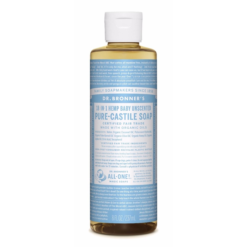 Dr. Bronner's 18-in-1 Baby Mild Pure-Castile Soap.Deze ongeparfumeerde vloeibare zeep heeft een extra portie Olijfolie en is goed voor de gevoelige huid van baby's. LET OP: niet prik-vrij voor de oogjes!Dr. Bronner's 18-in-1 Pure-Castile Soaps zijn goed voor zowat elke reinigingstaak. Gezicht, lichaam, haar, voedsel, afwas, wasmiddel, dweilen, huisdieren: maak uw huis en lichaam schoon zonder synthetische conserveringsstoffen, schoonmaakmiddelen of schuimmiddelen. Inhoudstoffen: water, biologische Kokosolie, Kaliumhydroxide, biologische Palmpitolie, biologische Olijfolie, biologische Eucalyptusolie, biologische Hennepolie, biologische Jojoba-olie, Citroenzuur en Tocopherol.
