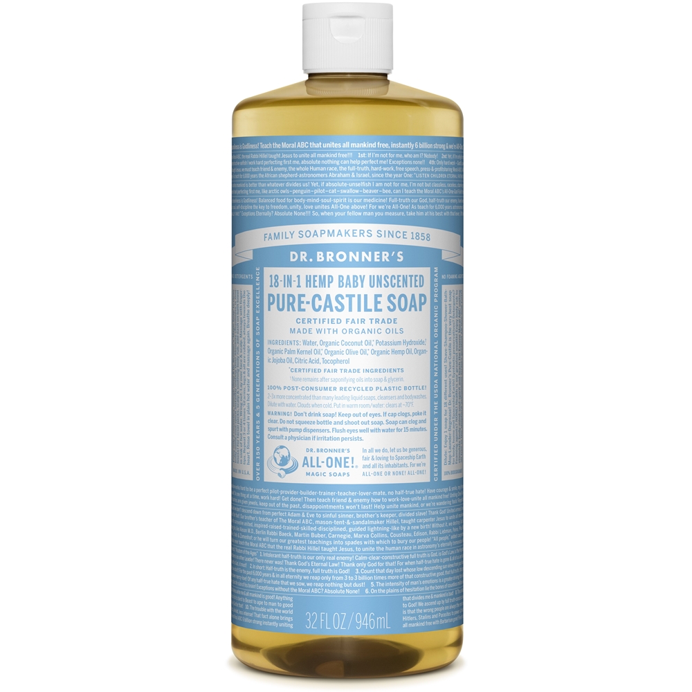 Dr. Bronner's 18-in-1 Baby Mild Pure-Castile Soap.Deze ongeparfumeerde vloeibare zeep heeft een extra portie Olijfolie en is goed voor de gevoelige huid van baby's. LET OP: niet prik-vrij voor de oogjes!Dr. Bronner's 18-in-1 Pure-Castile Soaps zijn goed voor zowat elke reinigingstaak. Gezicht, lichaam, haar, voedsel, afwas, wasmiddel, dweilen, huisdieren: maak uw huis en lichaam schoon zonder synthetische conserveringsstoffen, schoonmaakmiddelen of schuimmiddelen. Inhoudstoffen: water, biologische Kokosolie, Kaliumhydroxide, biologische Palmpitolie, biologische Olijfolie, biologische Eucalyptusolie, biologische Hennepolie, biologische Jojoba-olie, Citroenzuur en Tocopherol.
