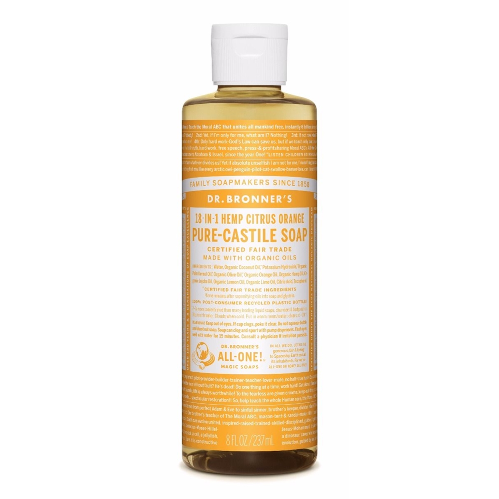 Dr. Bronner's 18-in-1 Citrus Orange Pure-Castile Soap.Fris en helder en met een verkwikkende mix van organische Sinaasappel, Citroen en Limoen oliën!Dr. Bronner's 18-in-1 Pure-Castile Soaps zijn goed voor zowat elke reinigingstaak. Gezicht, lichaam, haar, voedsel, afwas, wasmiddel, dweilen, huisdieren: maak uw huis en lichaam schoon zonder synthetische conserveringsstoffen, schoonmaakmiddelen of schuimmiddelen. Inhoudstoffen: water, biologische Kokosolie, Kaliumhydroxide, biologische Palmpitolie, biologische Olijfolie, biologische Eucalyptusolie, biologische Hennepolie, biologische Jojoba-olie, Citroenzuur en Tocopherol.
