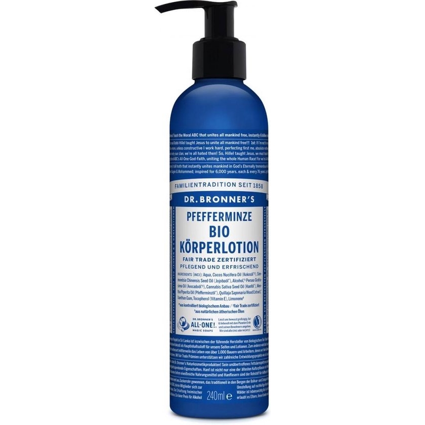 Dr. Bronner's Organic Peppermint Body Lotion.Voed en hydrateer de huid met goede ingrediënten: biologische Jojoba-olie om te helen en te kalmeren, biologische Kokosolie om te hydrateren, organische Hennep en Avocado-olie om de huid zacht en soepel te houden. Geschikt voor de meeste huidtypes, gevoelige, droge, ruwe of gemengde. Er worden alleen biologische essentiële oliën voor de geur toegevoegd.