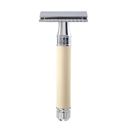 Edwin Jagger Razors Double Edge Safety Lined Rubber Coated Handle Ivory Chrome Ref.DE87RC14BL 1 pièce