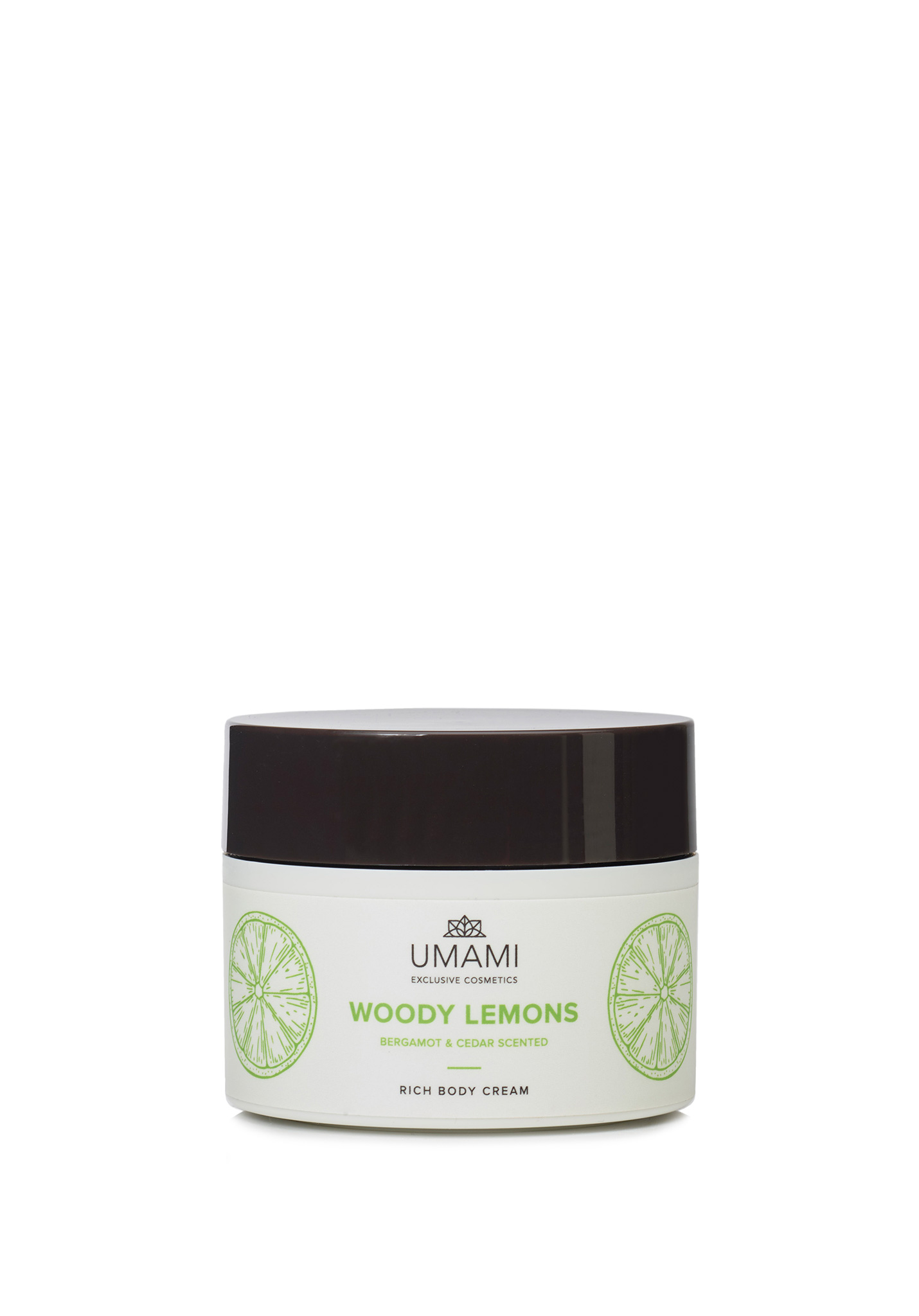 Umami Exclusive Cosmetics Woody Lemons Crème riche corporelle Bergamote et Cèdre 250ml