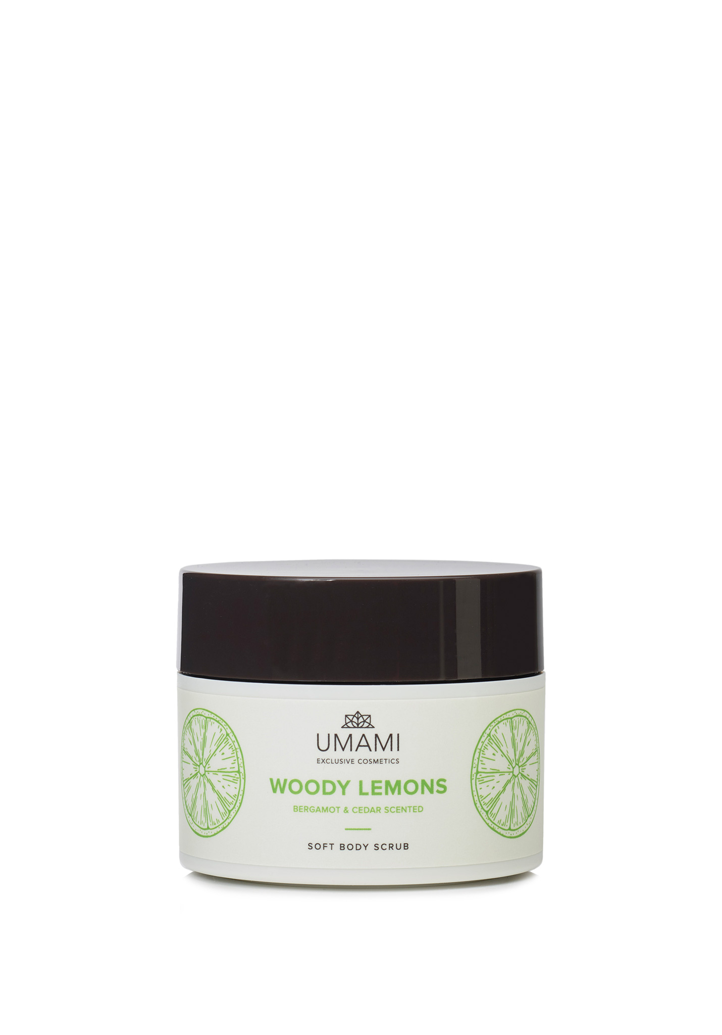 Umami Exclusive Cosmetics Woody Lemons Exfoliant adoucissant Gommage Bergamote et Cèdre 250ml